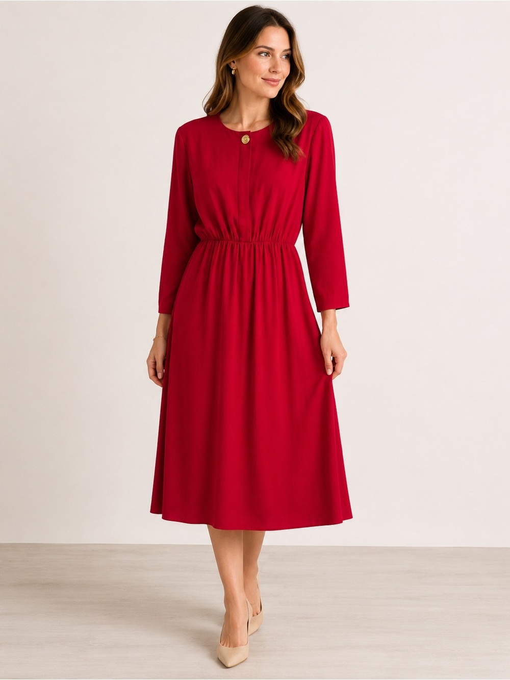 Vintage 80s 90s Braemar Petites Red Long Sleeve Midi Dress Size 9/10 Holiday